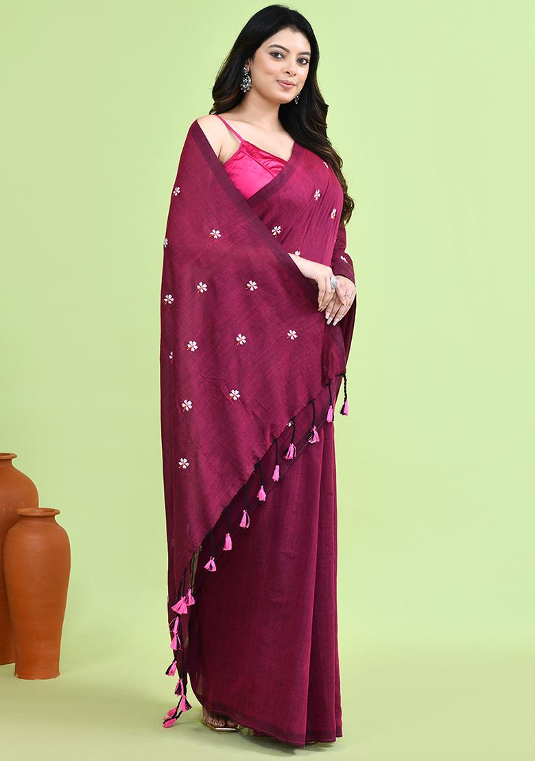 Magenta Hand Embroidery Khadi Saree Set