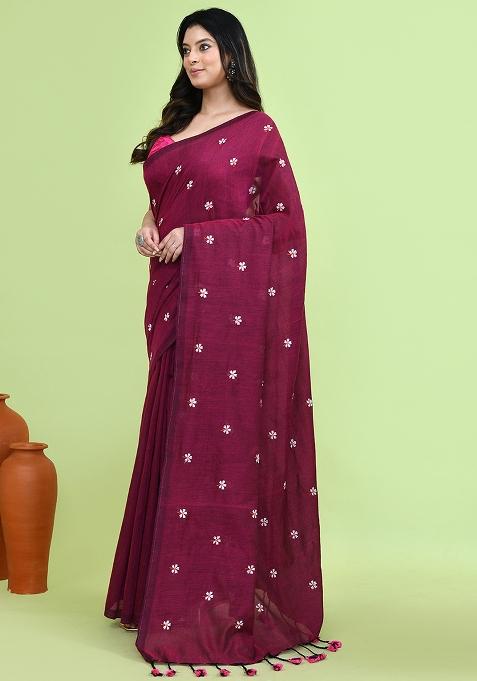 Magenta Hand Embroidery Khadi Saree Set