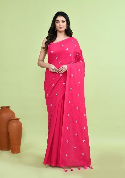Pink Hand Embroidery Khadi Saree Set
