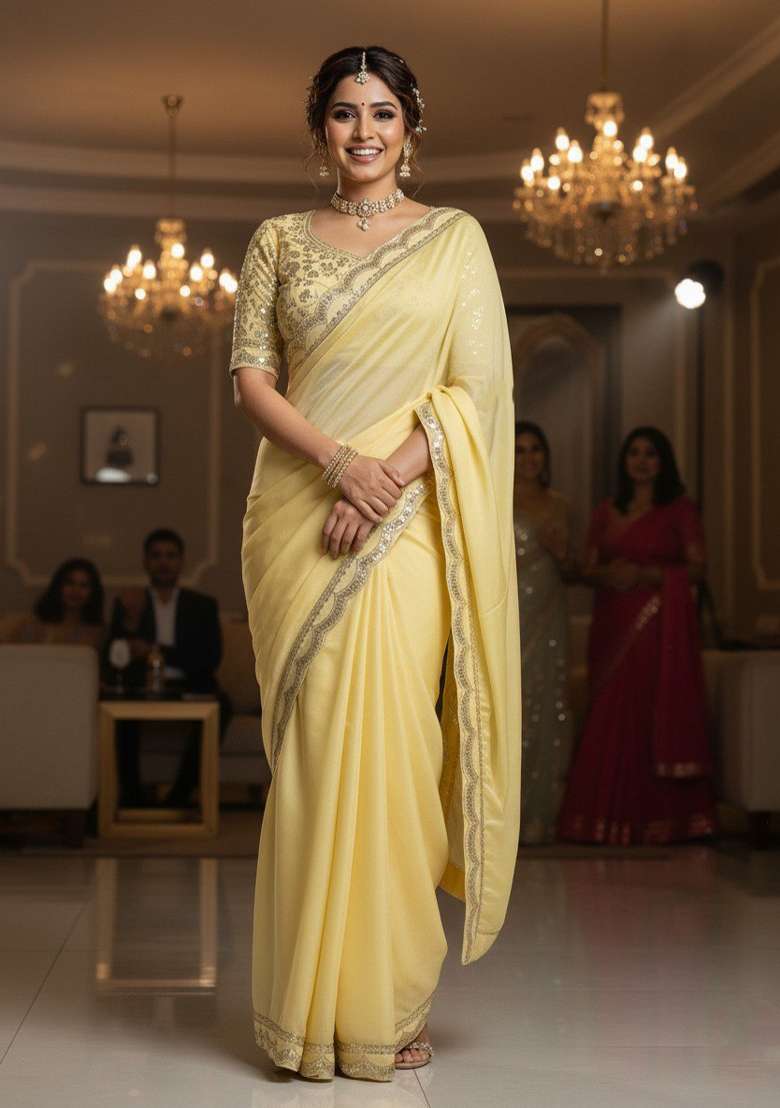 Yellow Lace Border Chiffon Saree Set with Sequins for Diwali | Wedding & Festive Wear - Indya