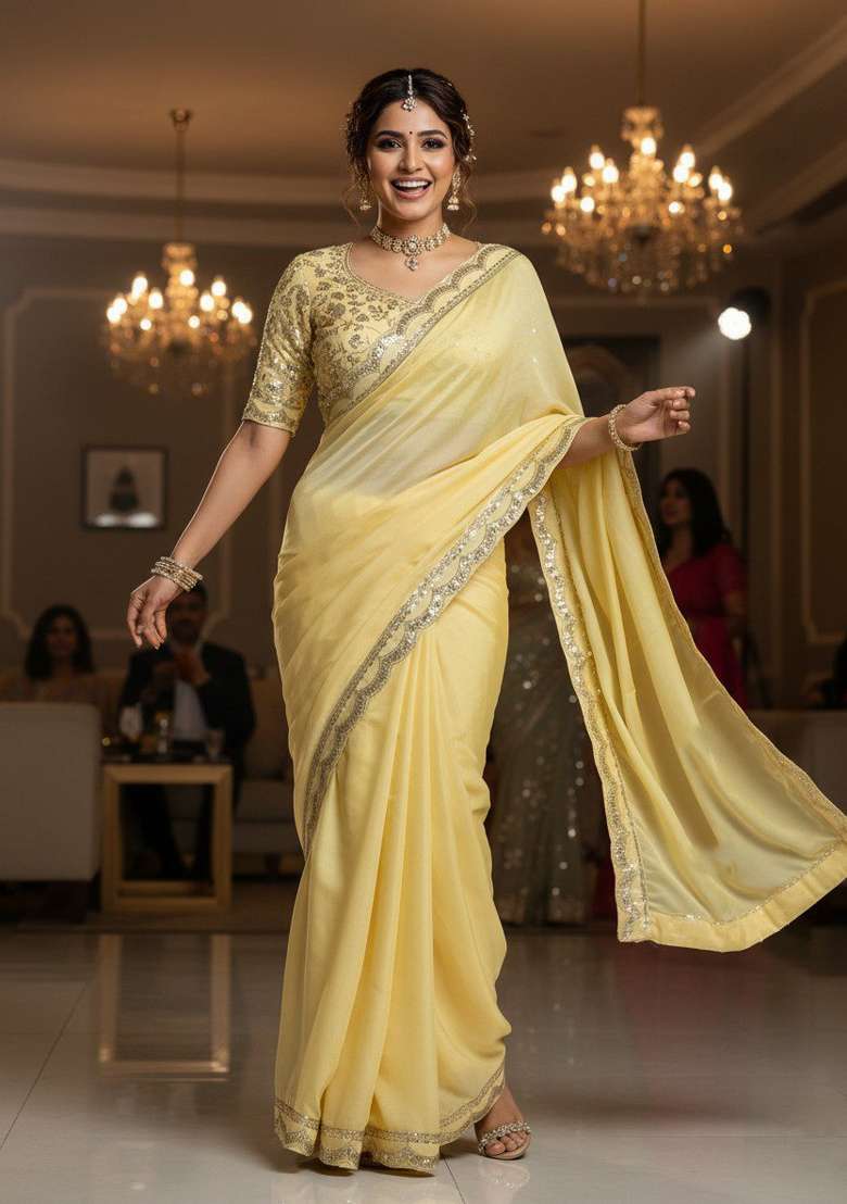 Yellow Lace Border Chiffon Saree Set with Sequins for Diwali | Wedding & Festive Wear - Indya