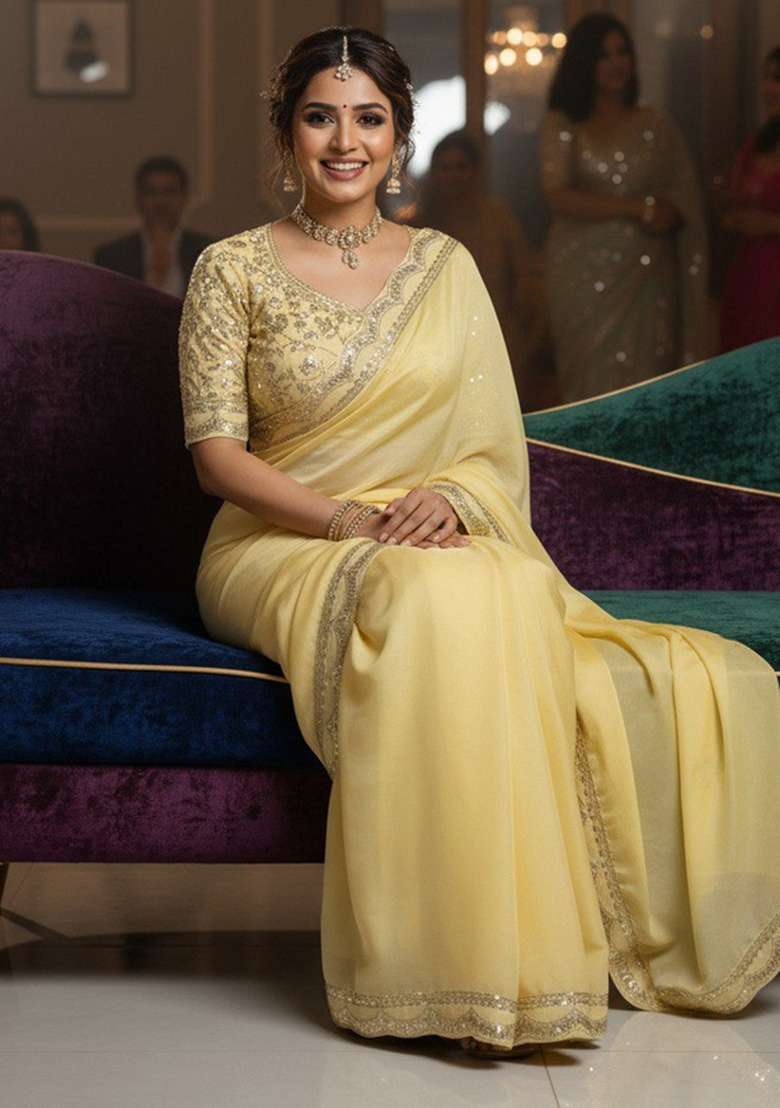 Yellow Lace Border Chiffon Saree Set with Sequins for Diwali | Wedding & Festive Wear - Indya