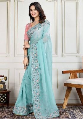Blue Embroidery Work Georgette Saree Set