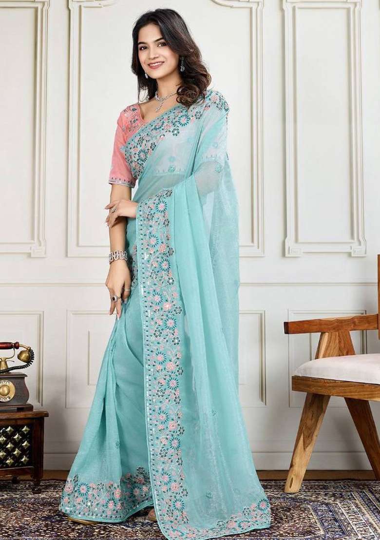 Blue Embroidery Work Georgette Saree Set - Indya