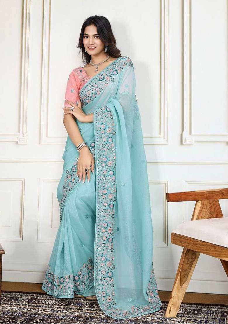 Blue Embroidery Work Georgette Saree Set - Indya