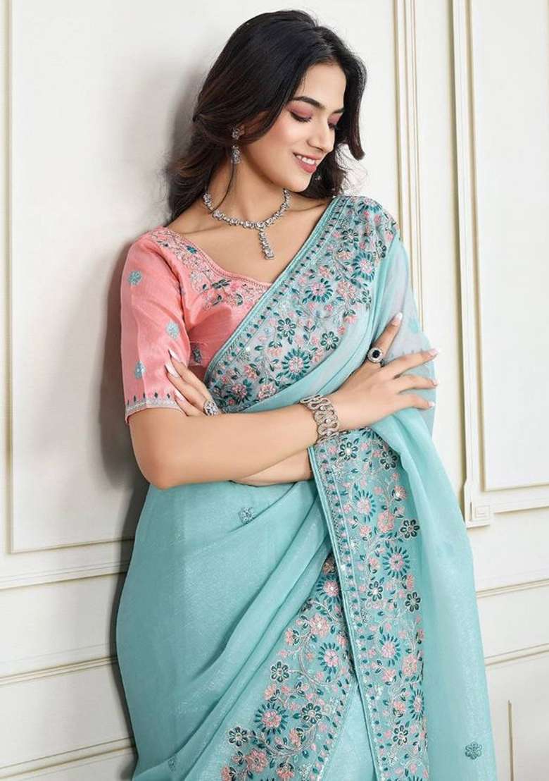 Blue Embroidery Work Georgette Saree Set - Indya