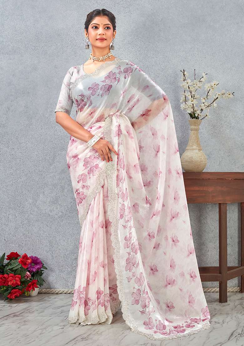 Pink Zircon Cut Work Satin Saree Set for Diwali | Wedding & Festive Wear - Indya