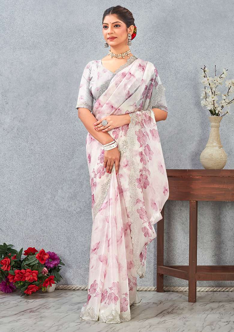 Pink Zircon Cut Work Satin Saree Set for Diwali | Wedding & Festive Wear - Indya
