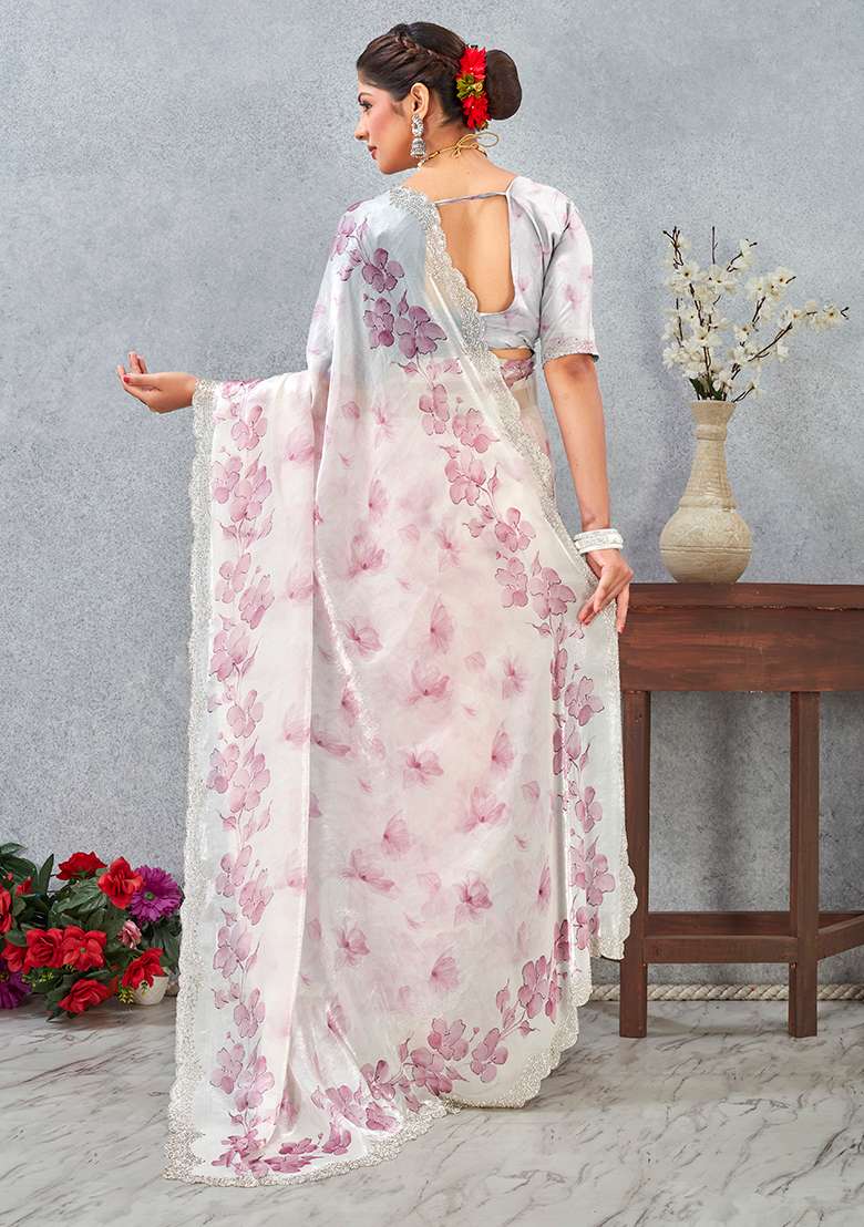Pink Zircon Cut Work Satin Saree Set for Diwali | Wedding & Festive Wear - Indya