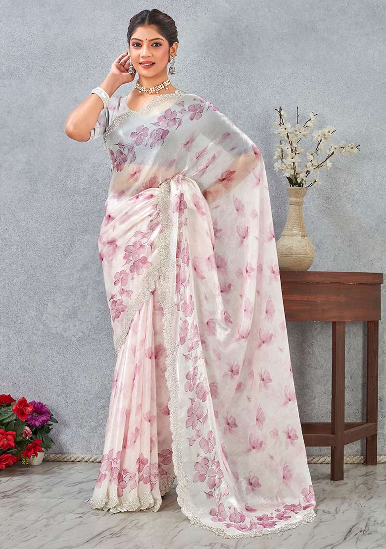 Pink Zircon Cut Work Satin Saree Set for Diwali | Wedding & Festive Wear - Indya