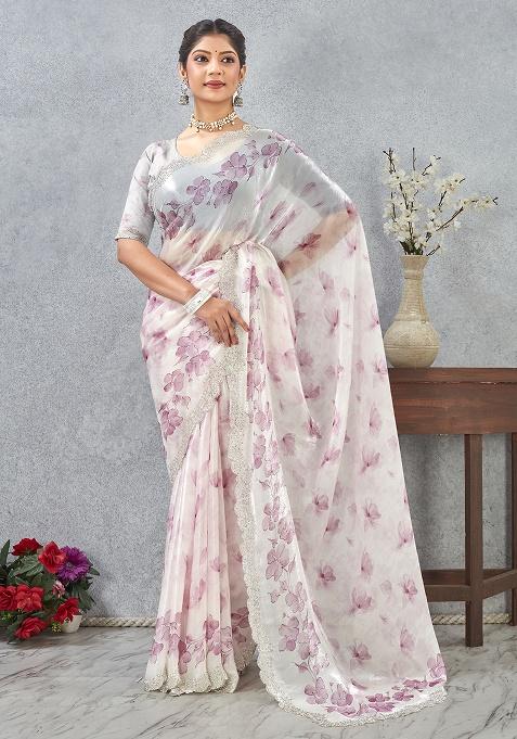 Pink Zircon Cut Work Satin Saree Set