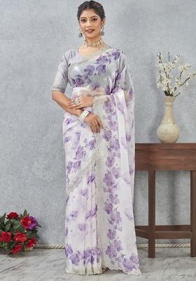 Purple Zircon Cut Work Satin Saree Set