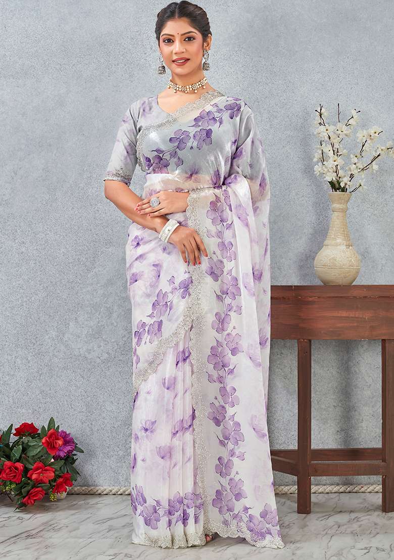 Purple Zircon Cut Work Satin Saree Set for Diwali | Wedding & Festive Wear - Indya