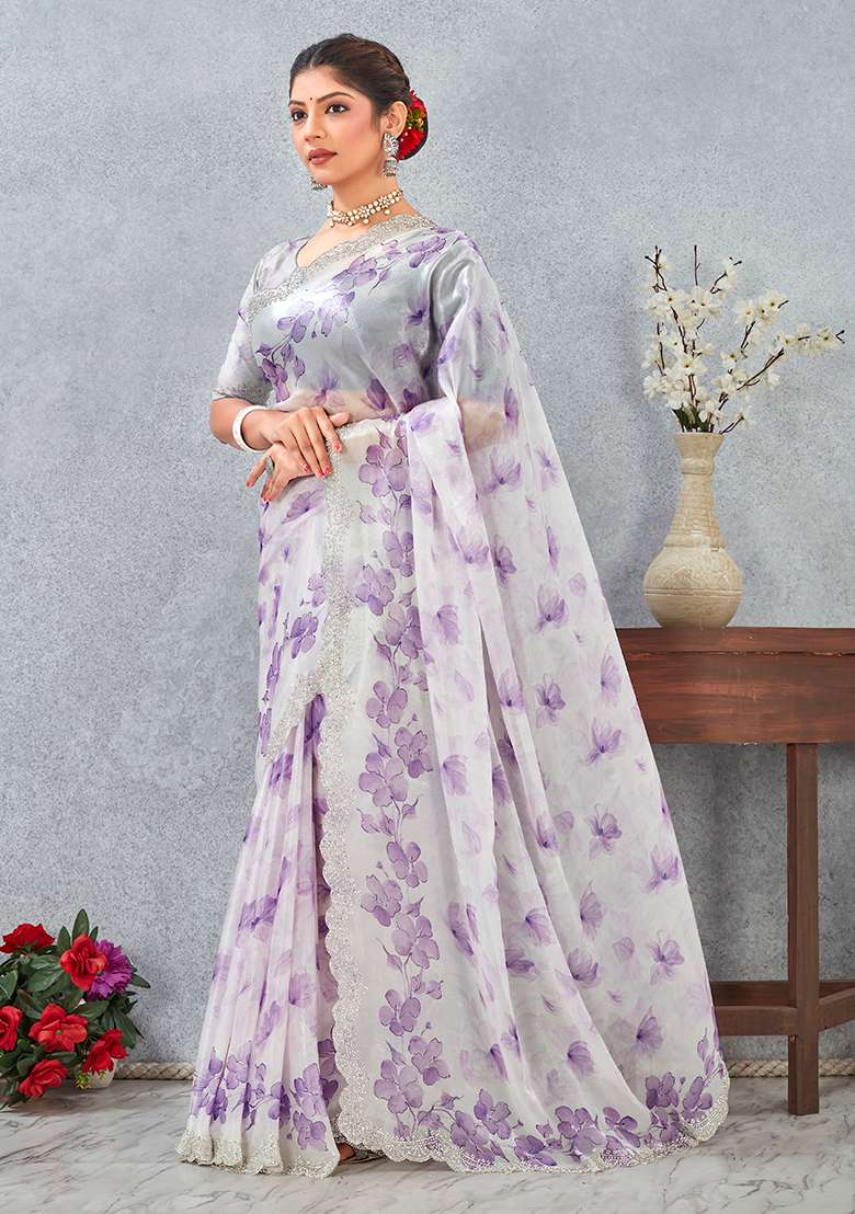 Purple Zircon Cut Work Satin Saree Set for Diwali | Wedding & Festive Wear - Indya