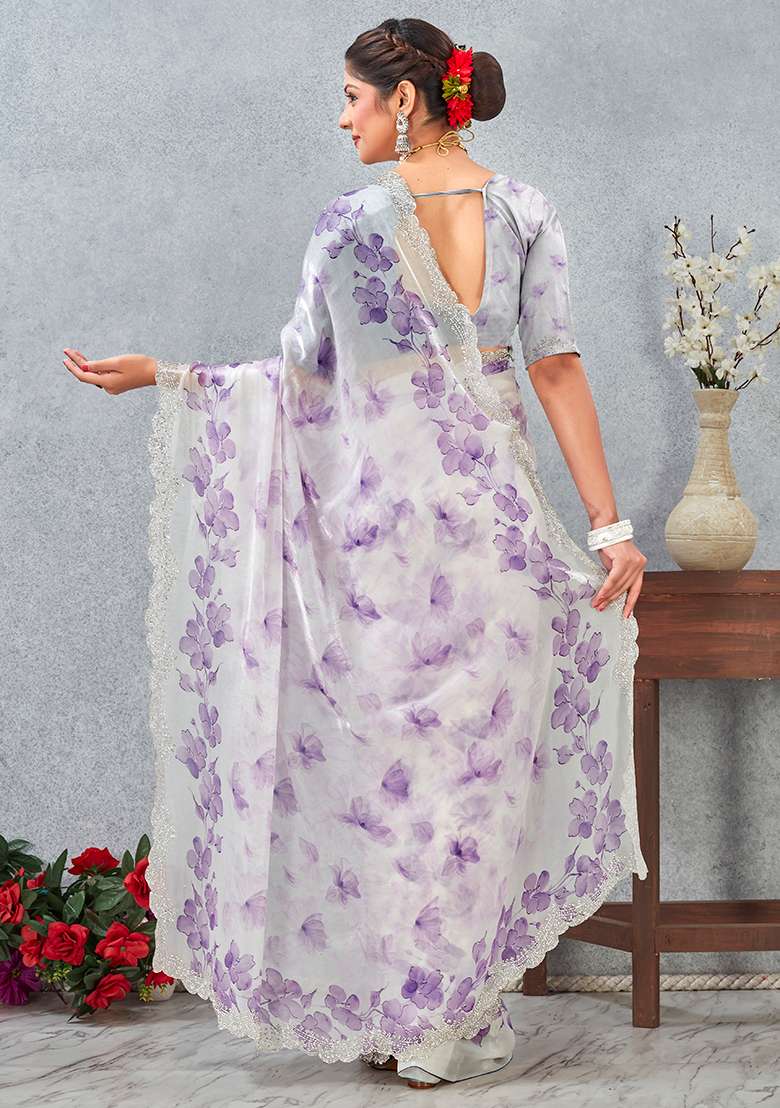 Purple Zircon Cut Work Satin Saree Set for Diwali | Wedding & Festive Wear - Indya