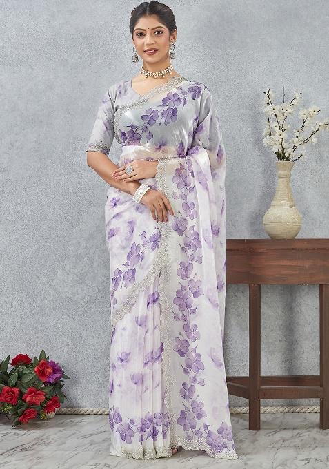 Purple Zircon Cut Work Satin Saree Set