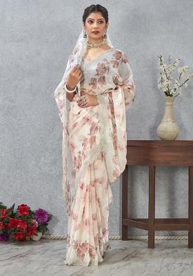 Peach Zircon Cut Work Satin Saree Set