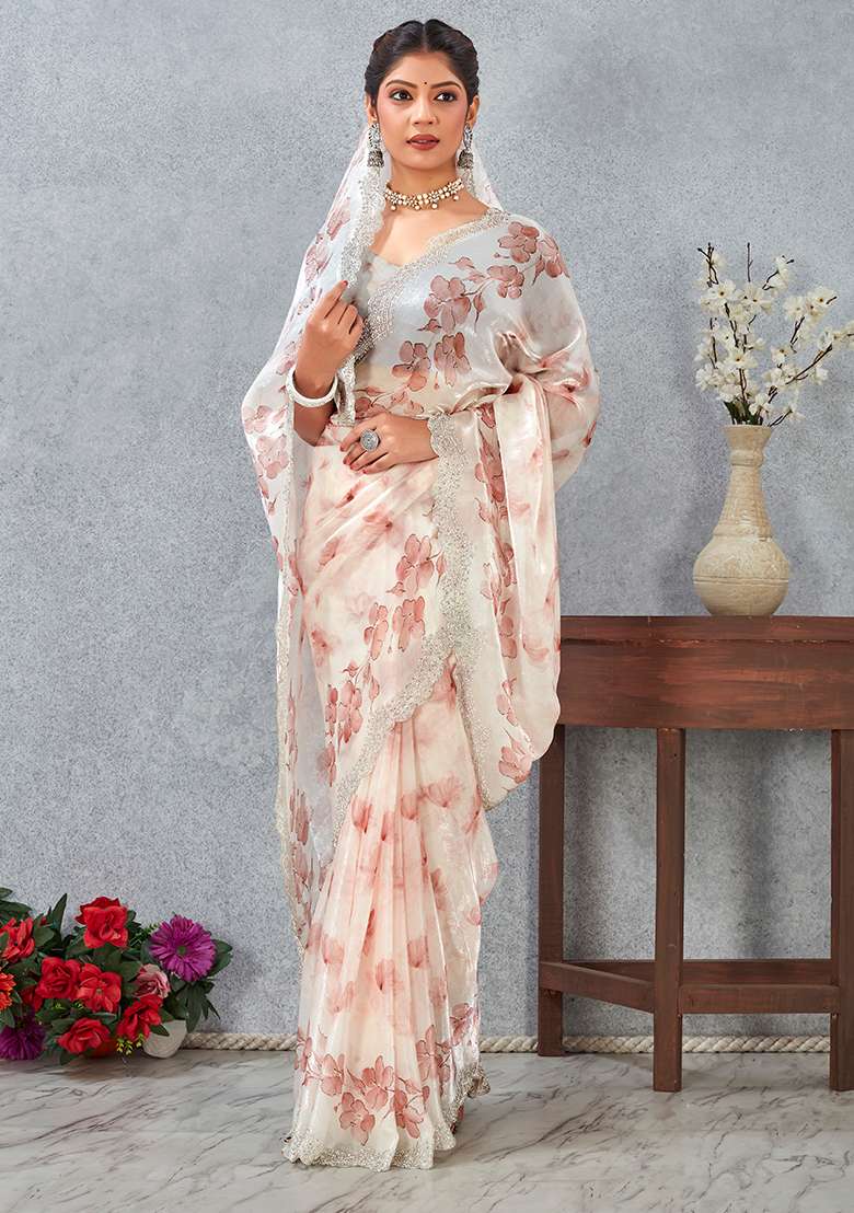 Peach Zircon Cut Work Satin Saree Set for Diwali | Wedding & Festive Wear - Indya