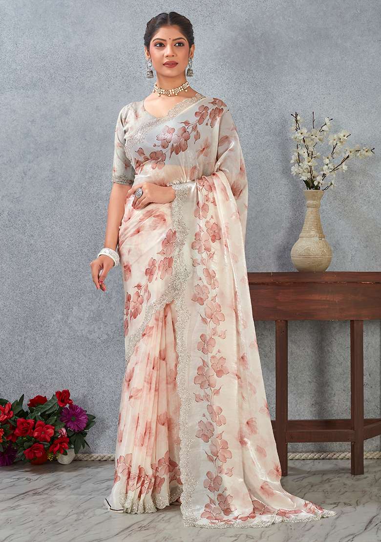 Peach Zircon Cut Work Satin Saree Set for Diwali | Wedding & Festive Wear - Indya