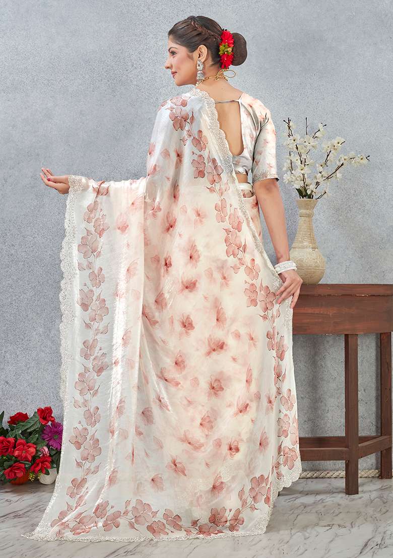 Peach Zircon Cut Work Satin Saree Set for Diwali | Wedding & Festive Wear - Indya