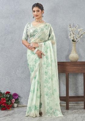 Rama Green Zircon Cut Work Satin Saree Set