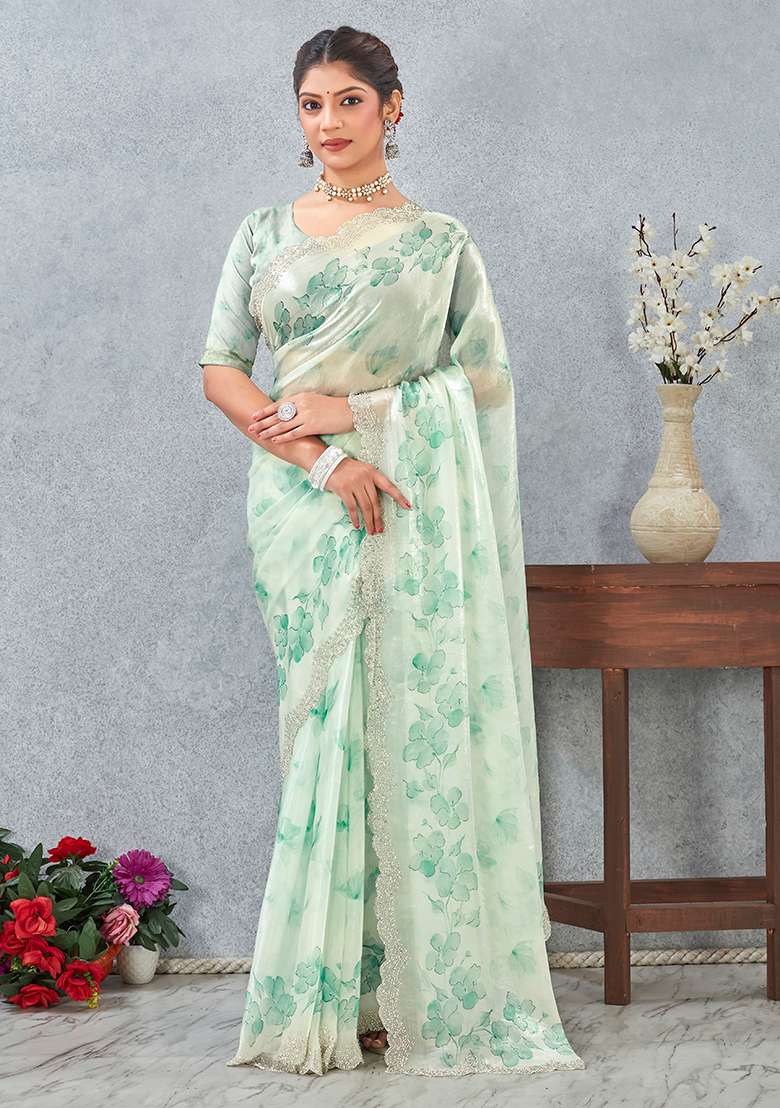 Rama Green Zircon Cut Work Satin Saree Set for Diwali and Festive Wear - Indya