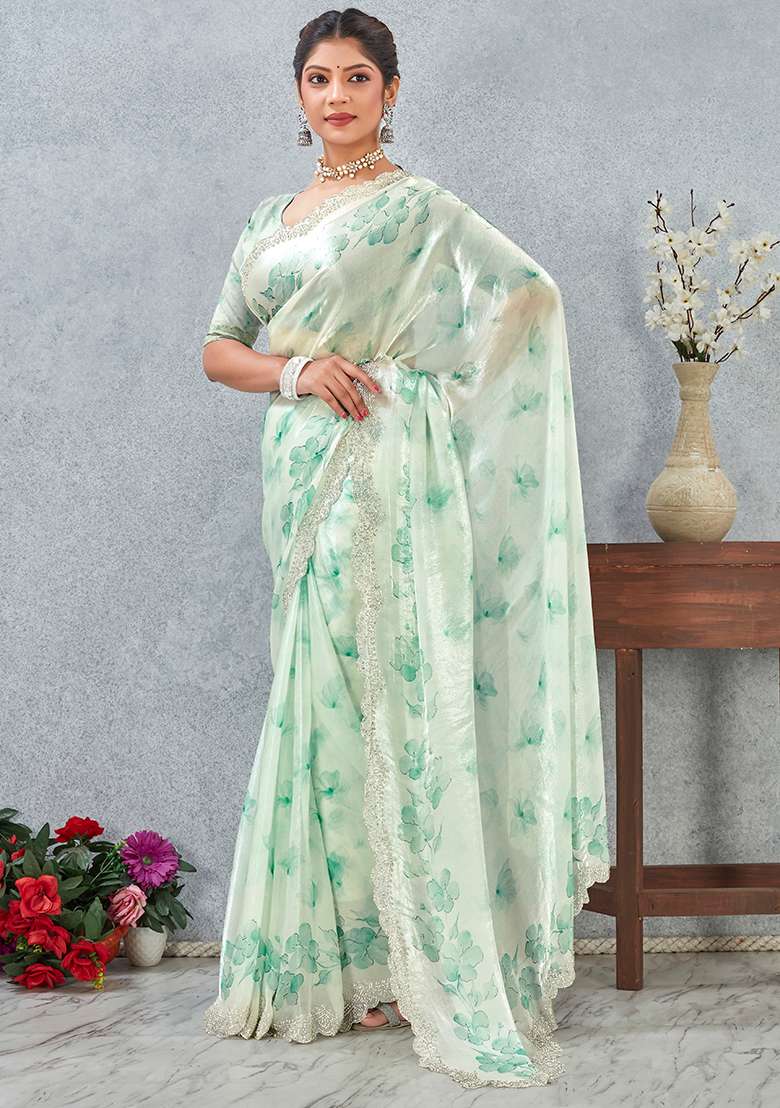 Rama Green Zircon Cut Work Satin Saree Set for Diwali and Festive Wear - Indya