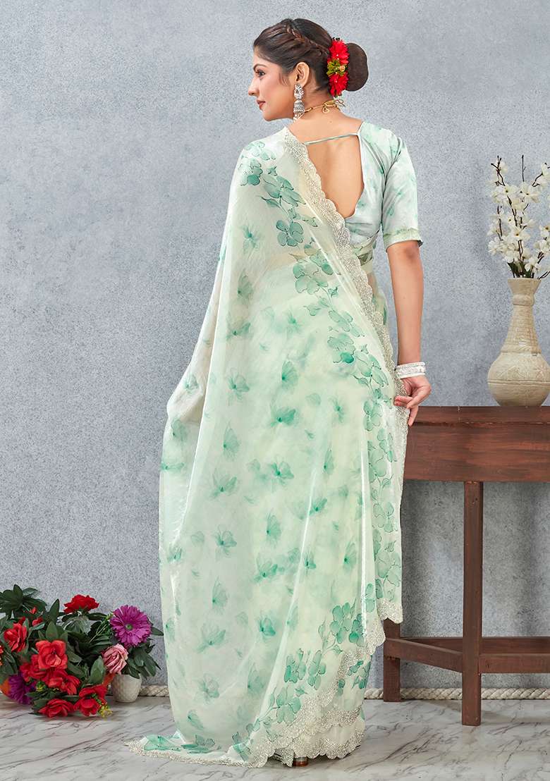 Rama Green Zircon Cut Work Satin Saree Set for Diwali and Festive Wear - Indya