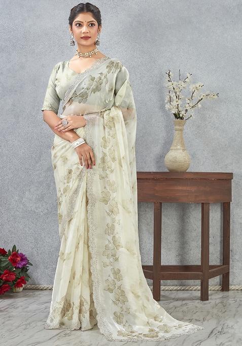 Mehndi Zircon Cut Work Satin Saree Set