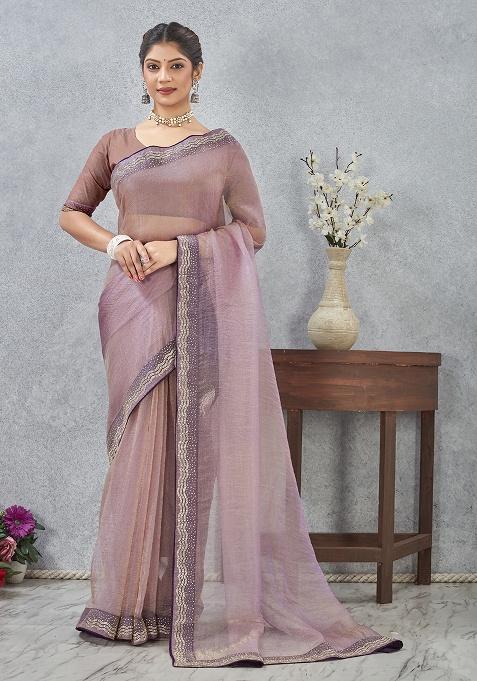 Lavender Zircon Cut Work Silk Saree Set