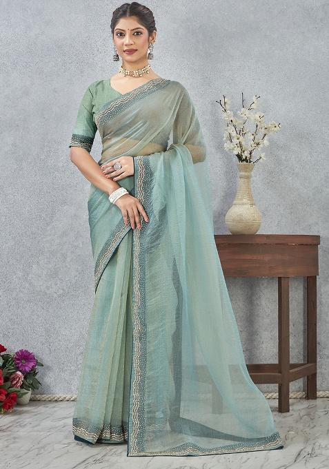 Green Zircon Cut Work Silk Saree Set