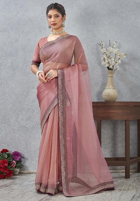 Pink Zircon Cut Work Silk Saree Set