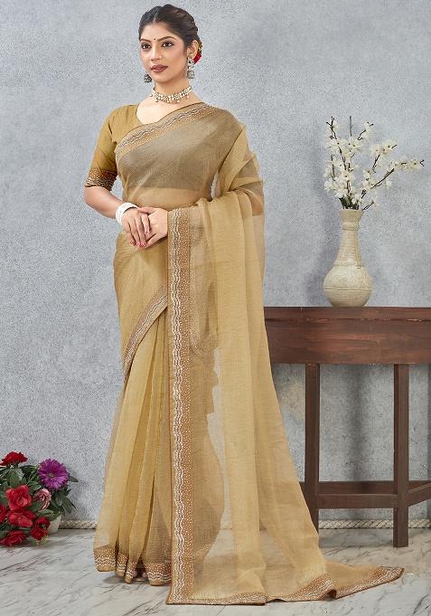 Mustard Zircon Cut Work Silk Saree Set
