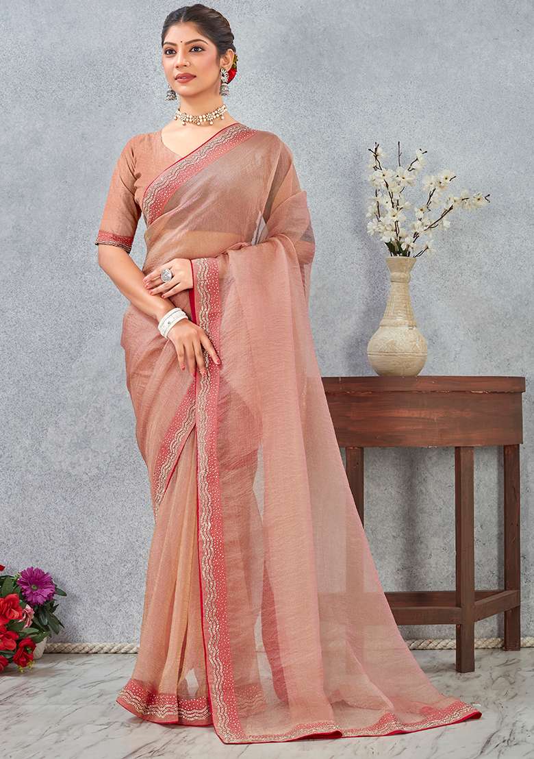 Peach Zircon Cut Work Silk Blend Saree Set for Diwali and Festive Wear - Indya