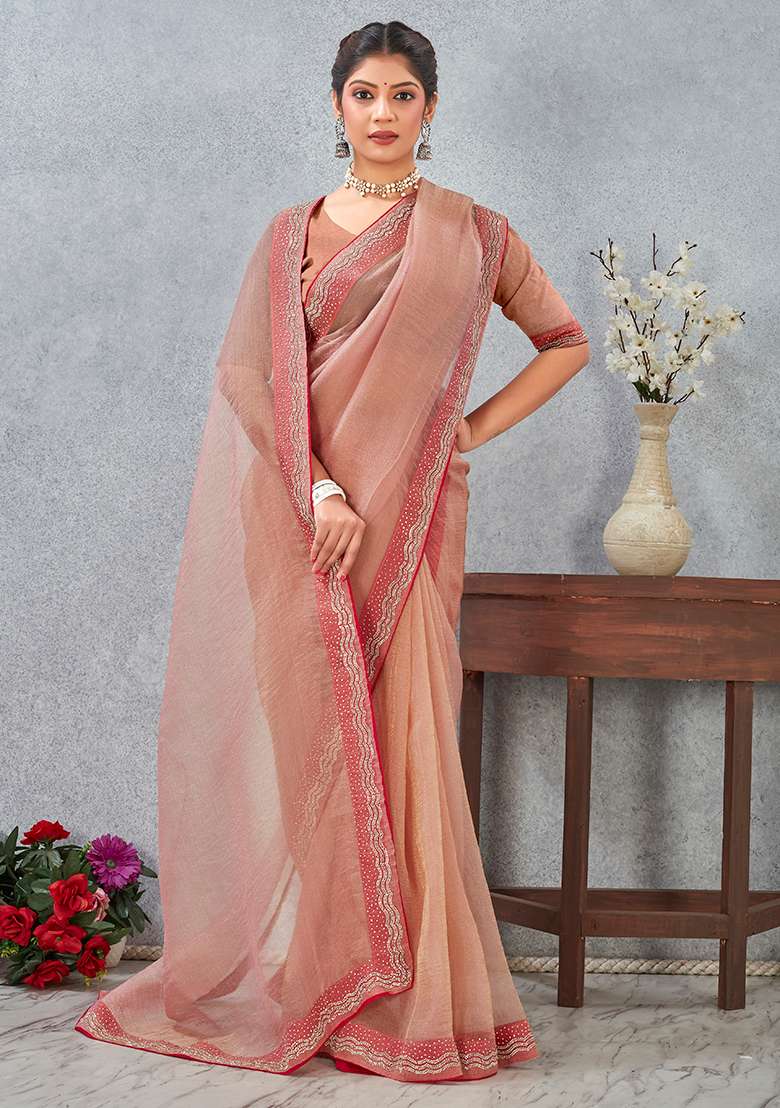 Peach Zircon Cut Work Silk Blend Saree Set for Diwali and Festive Wear - Indya