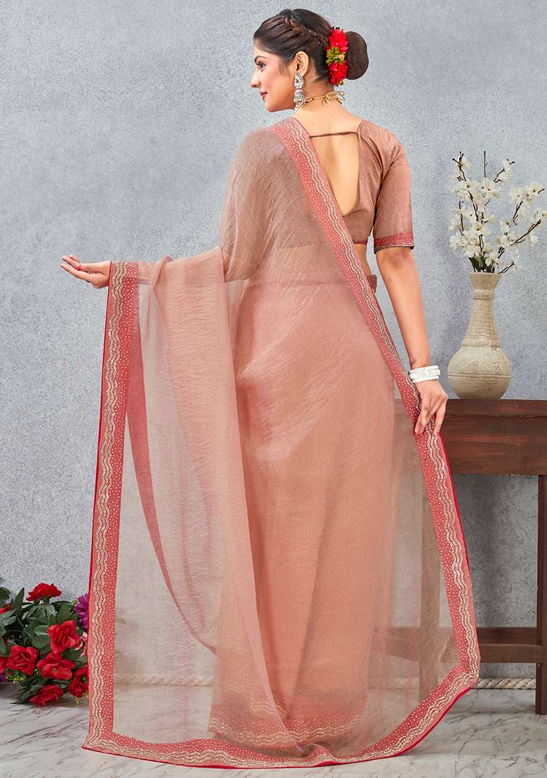 Peach Zircon Cut Work Silk Blend Saree Set for Diwali and Festive Wear - Indya