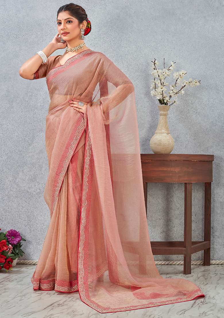 Peach Zircon Cut Work Silk Blend Saree Set for Diwali and Festive Wear - Indya
