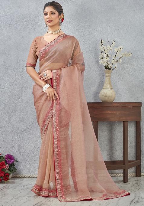 Peach Zircon Cut Work Silk Saree Set