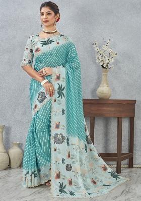 Blue Zircon Cut Work Silk Blend Saree Set