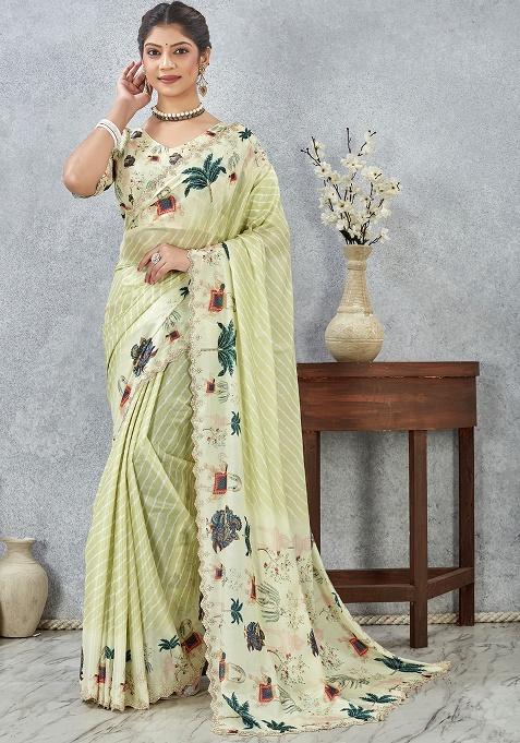 Lemon Zircon Cut Work Silk Saree Set