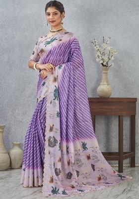 Purple Zircon Cut Work Silk Blend Saree Set
