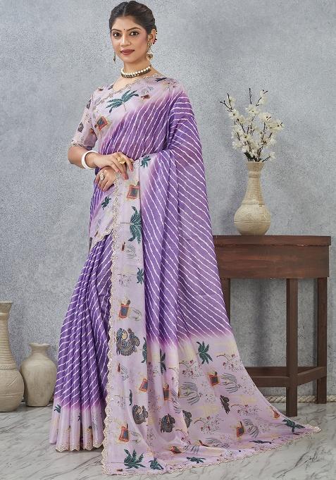 Purple Zircon Cut Work Silk Saree Set