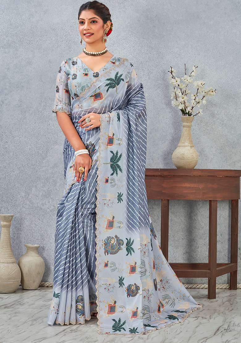 Grey Zircon Cut Work Silk Blend Saree Set for Diwali | Wedding & Festive Wear - Indya