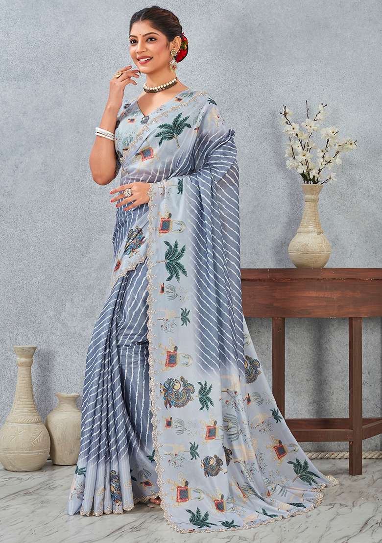 Grey Zircon Cut Work Silk Blend Saree Set for Diwali | Wedding & Festive Wear - Indya
