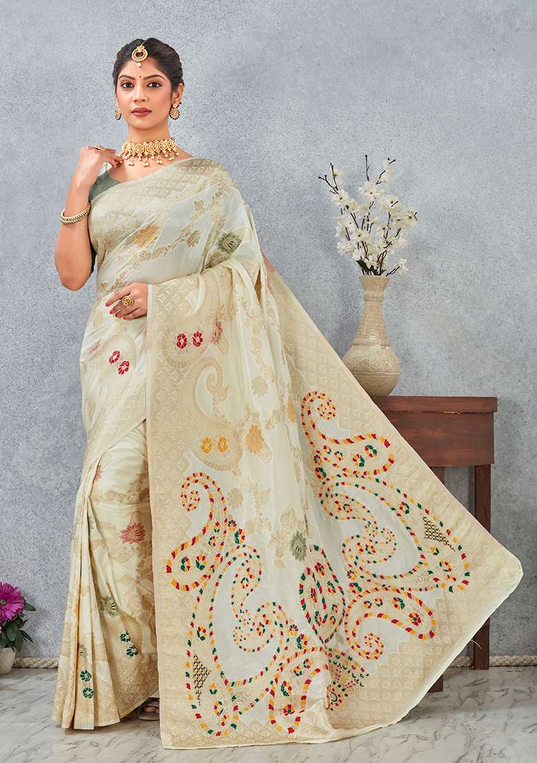 Off White Meenakari Silk Blend Saree Set for Diwali and Festive Wear - Indya