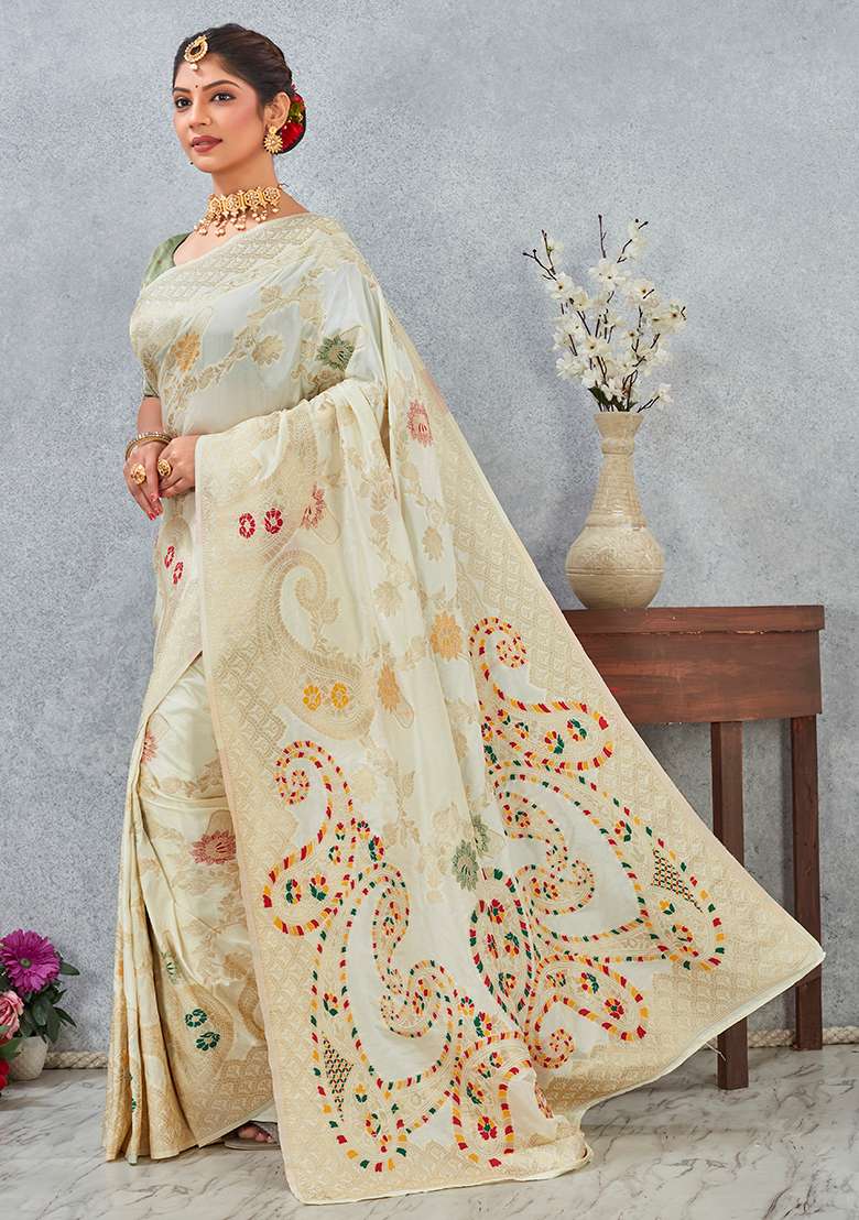 Off White Meenakari Silk Blend Saree Set for Diwali and Festive Wear - Indya
