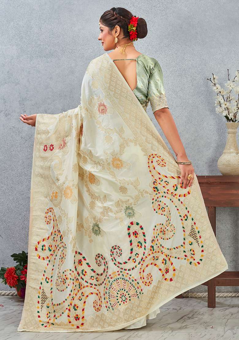 Off White Meenakari Silk Blend Saree Set for Diwali and Festive Wear - Indya