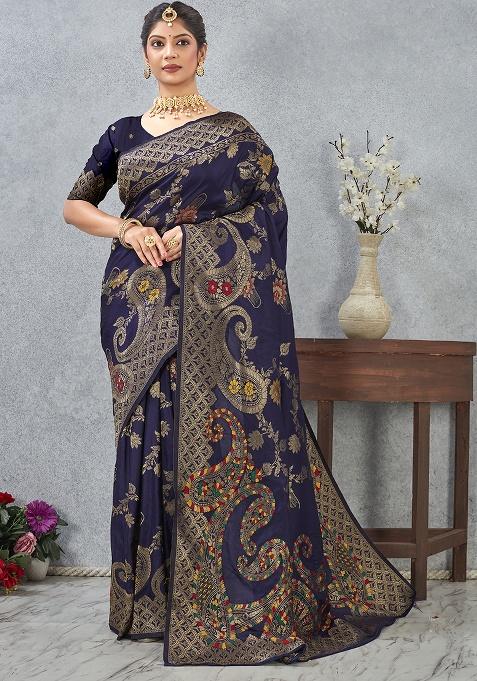 Navy Meenakari Silk Saree Set