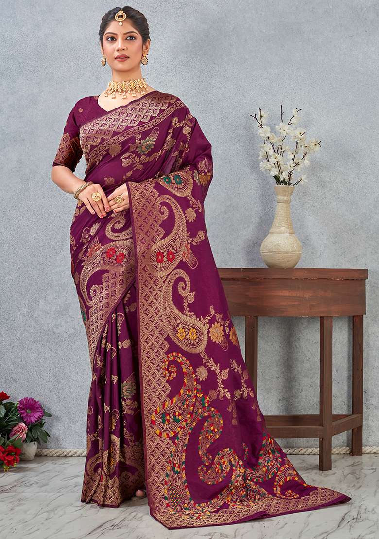 Wine Meenakari Silk Blend Saree Set for Diwali and Festive Wear - Indya