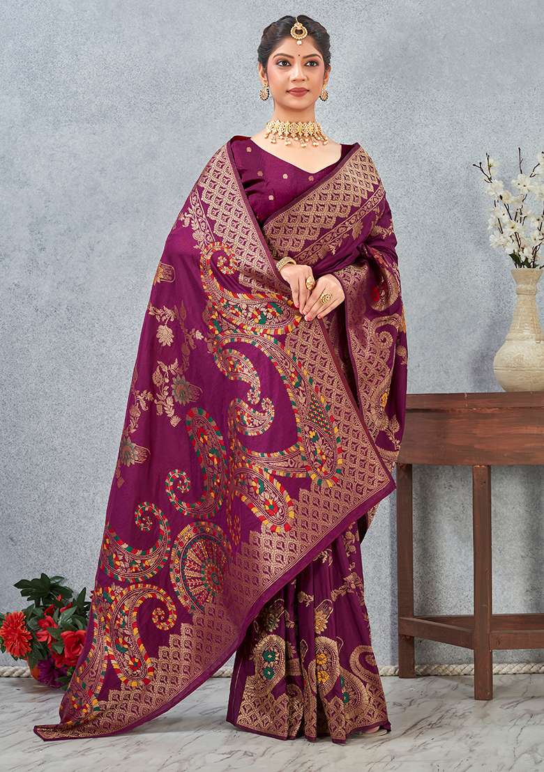 Wine Meenakari Silk Blend Saree Set for Diwali and Festive Wear - Indya